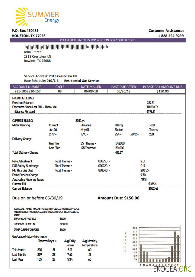 USA Texas Summer Energy easy fillable utility bill template in Word and PDF format
